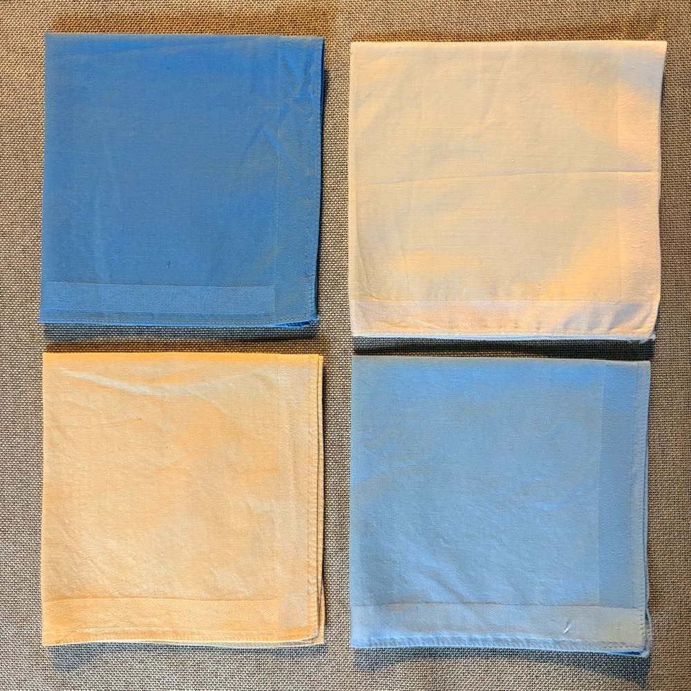 Vintage Ladies Cotton Handkerchief Lot 4 Blue Yellow Satin Border Hankies